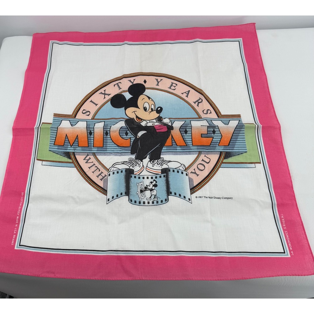 Disney Mickey Mouse Bandana Pink 60th Anniversary Vintage Scarf USA NWOT